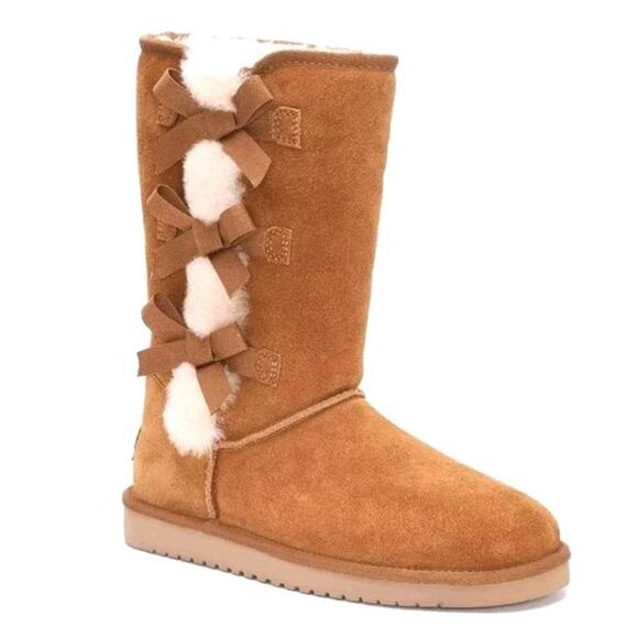 Koolaburra by UGG Chestnut Victoria Tall Bow Boots Tan Size 5 Fits 6 Or 6.5 - Picture 1 of 10